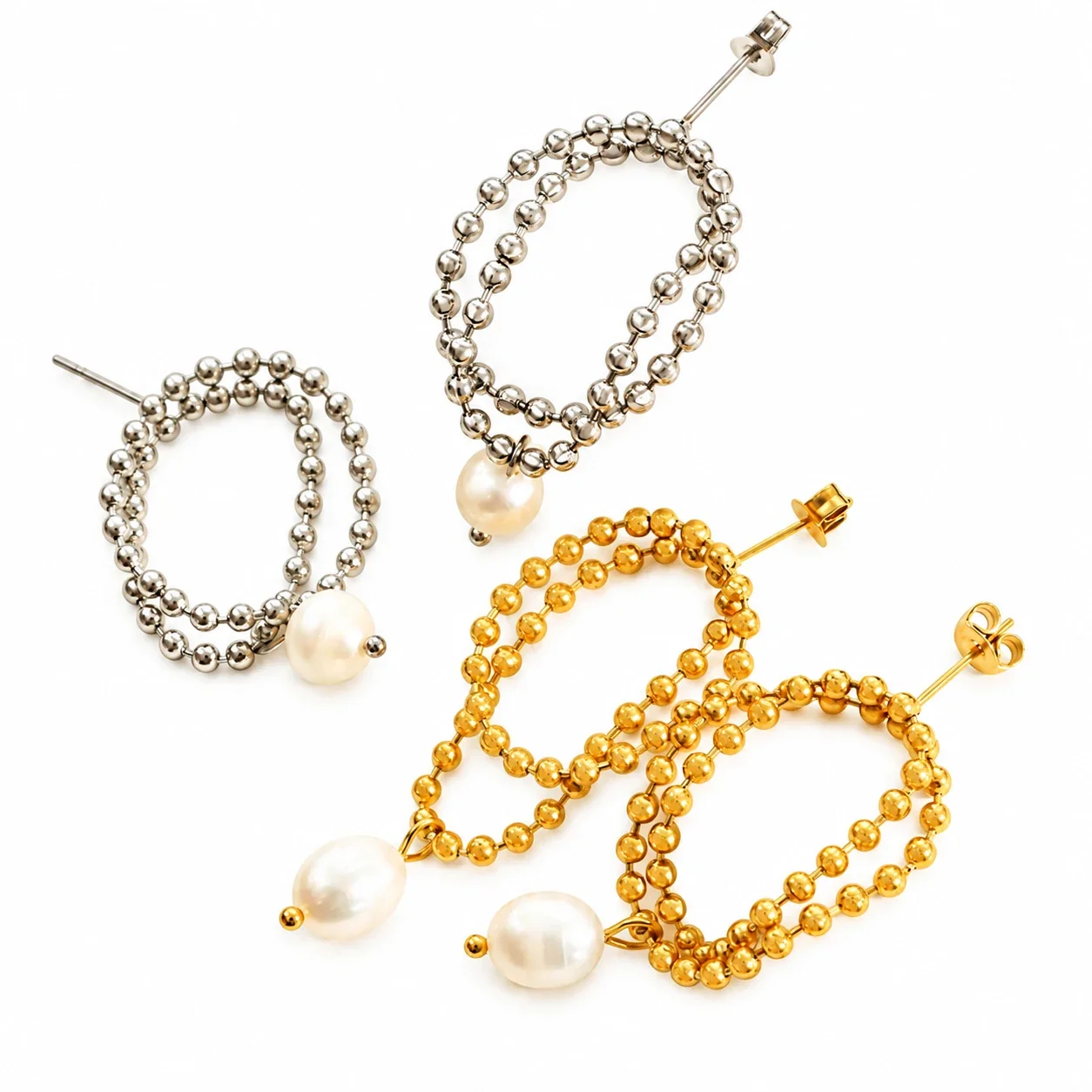 Drop Earrings with Double Bead Ovals and Freshwater Pearls