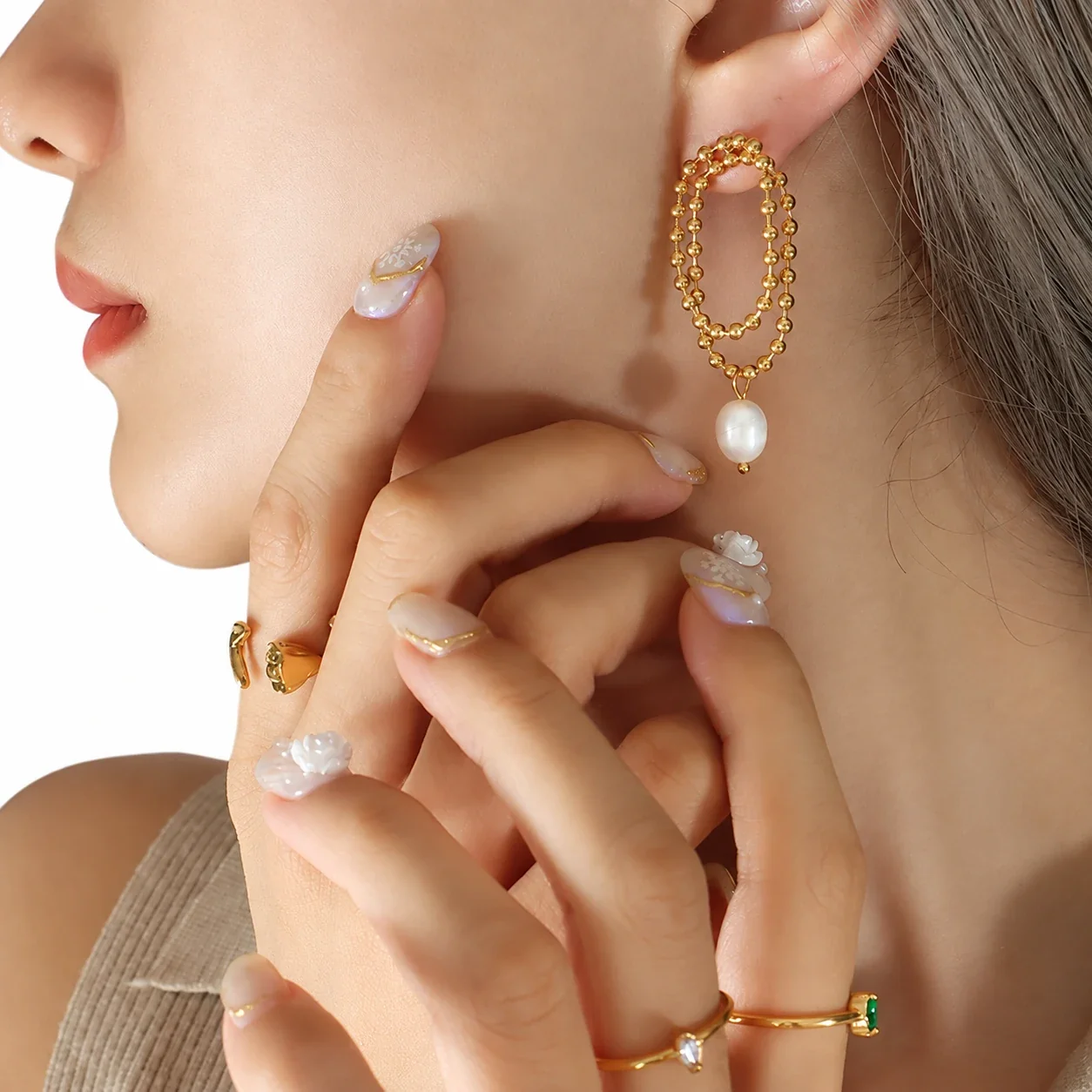 Drop Earrings with Double Bead Ovals and Freshwater Pearls