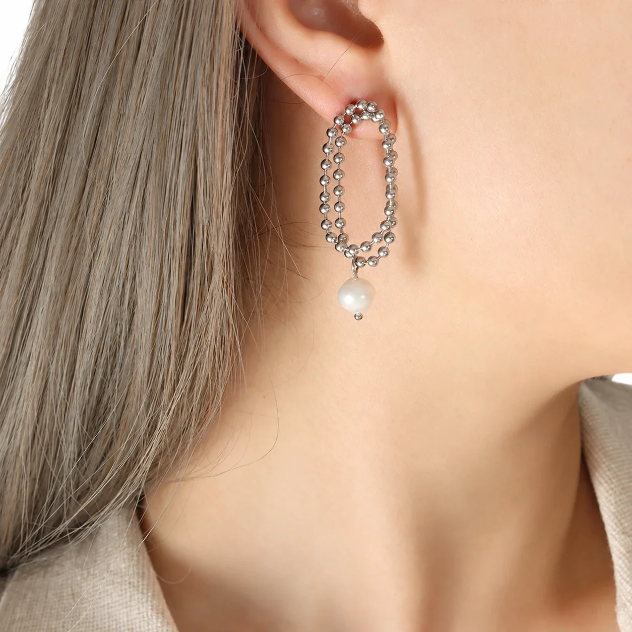 Drop Earrings with Double Bead Ovals and Freshwater Pearls - Silver