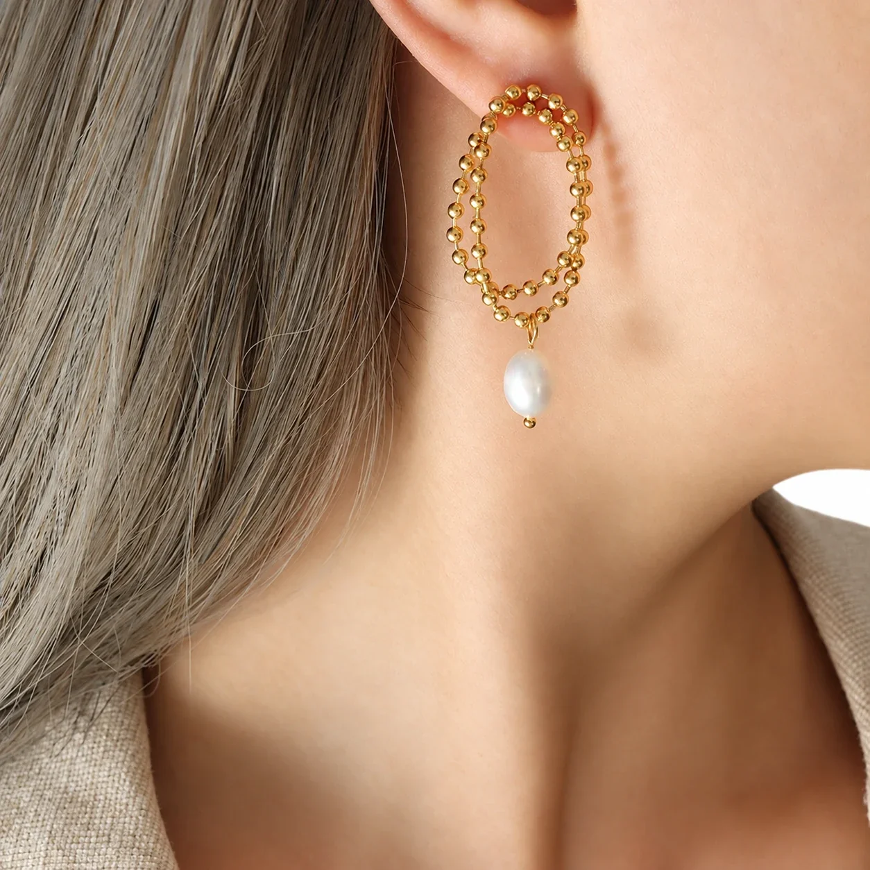 Drop Earrings with Double Bead Ovals and Freshwater Pearls - Gold
