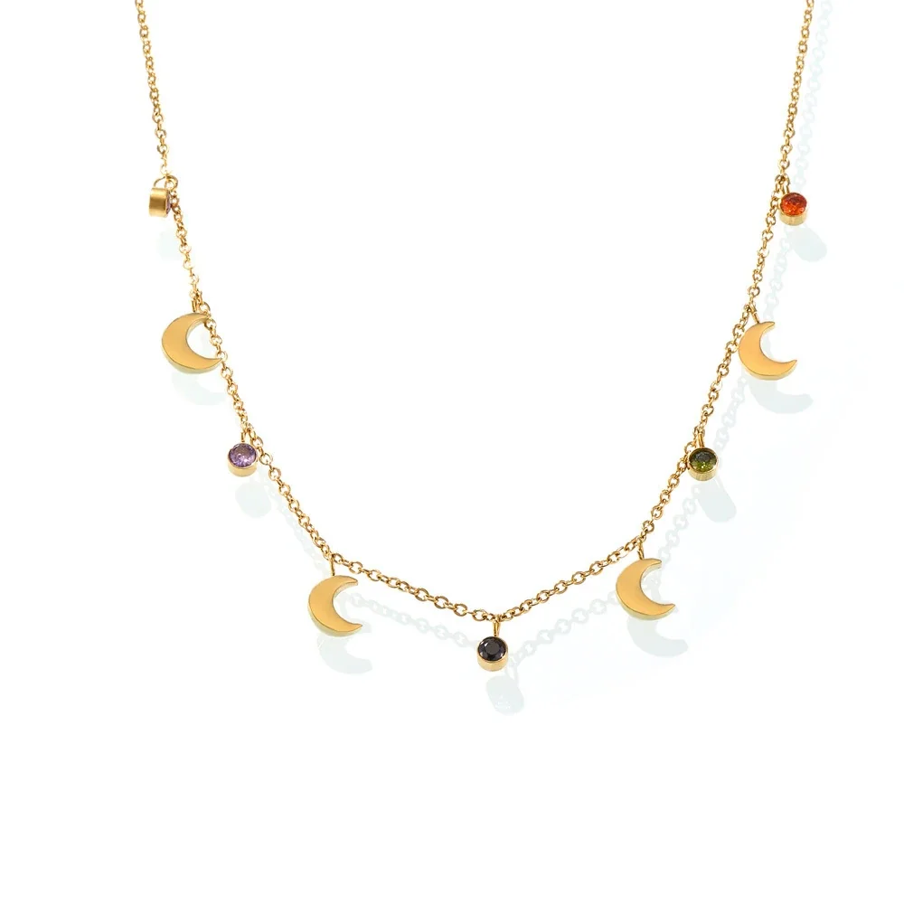 Crescent Charm Crystal 18K Gold-Plated Stainless Steel Necklace