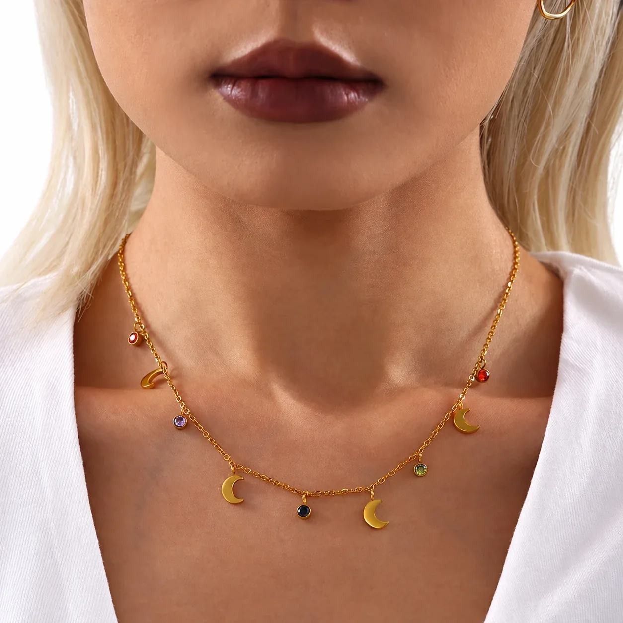 Crescent Charm Crystal 18K Gold-Plated Stainless Steel Necklace