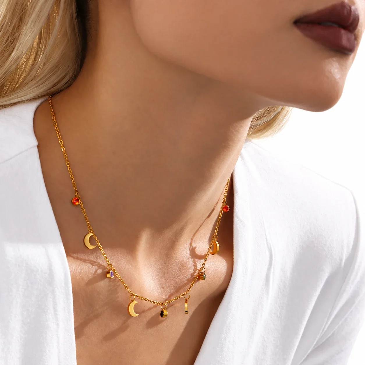 Crescent Charm Crystal 18K Gold-Plated Stainless Steel Necklace