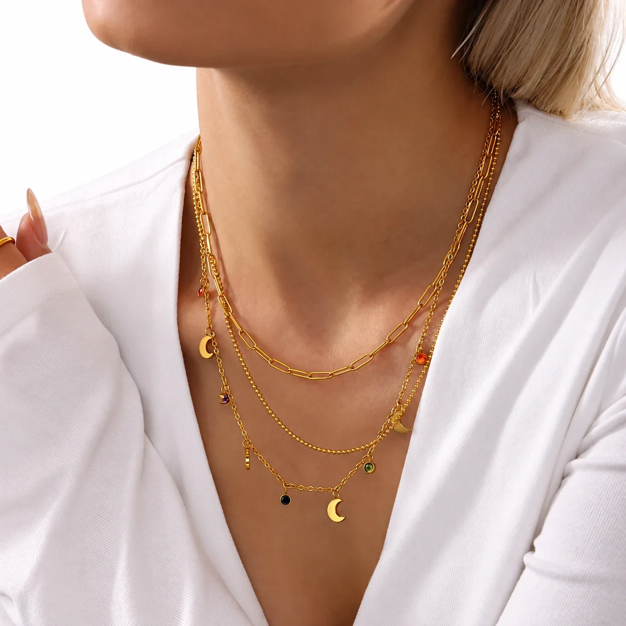 Crescent Charm Crystal 18K Gold-Plated Stainless Steel Necklace