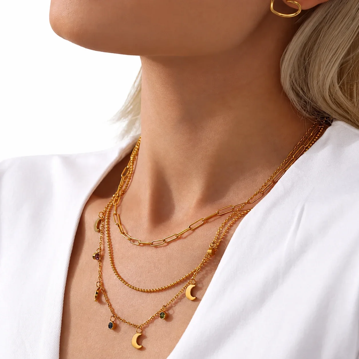 Crescent Charm Crystal 18K Gold-Plated Stainless Steel Necklace