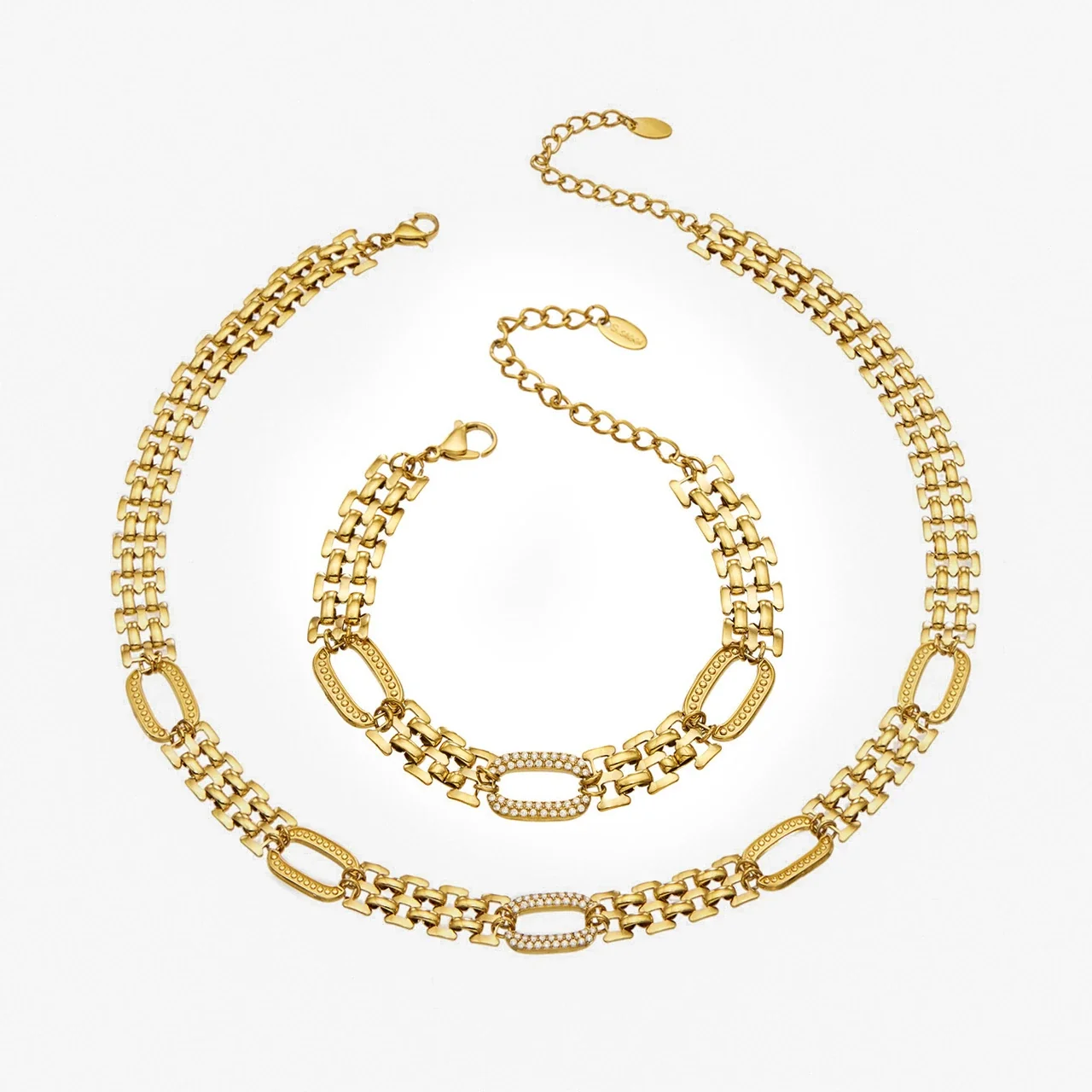 Chain Bracelet & Necklace with Crystal Oval Links, Gold-Plated Steel
