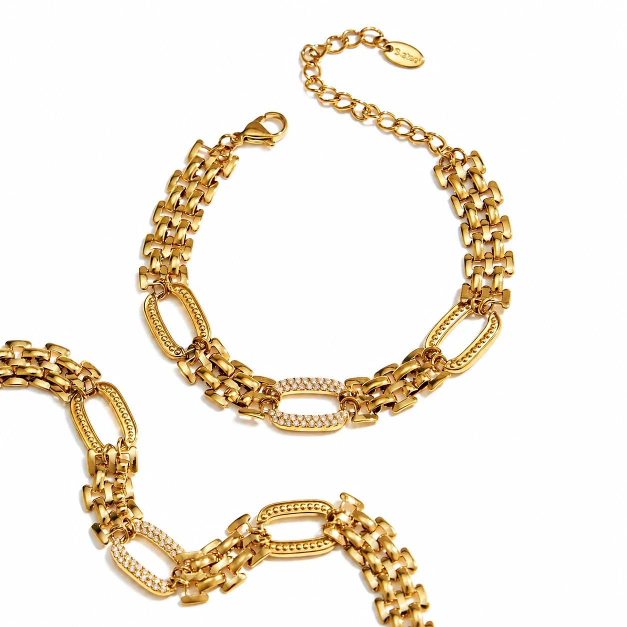 Chain Bracelet & Necklace with Crystal Oval Links, Gold-Plated Steel