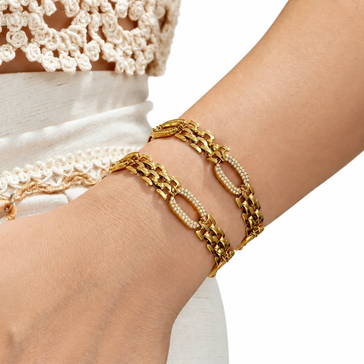 Chain Bracelet & Necklace with Crystal Oval Links, Gold-Plated Steel