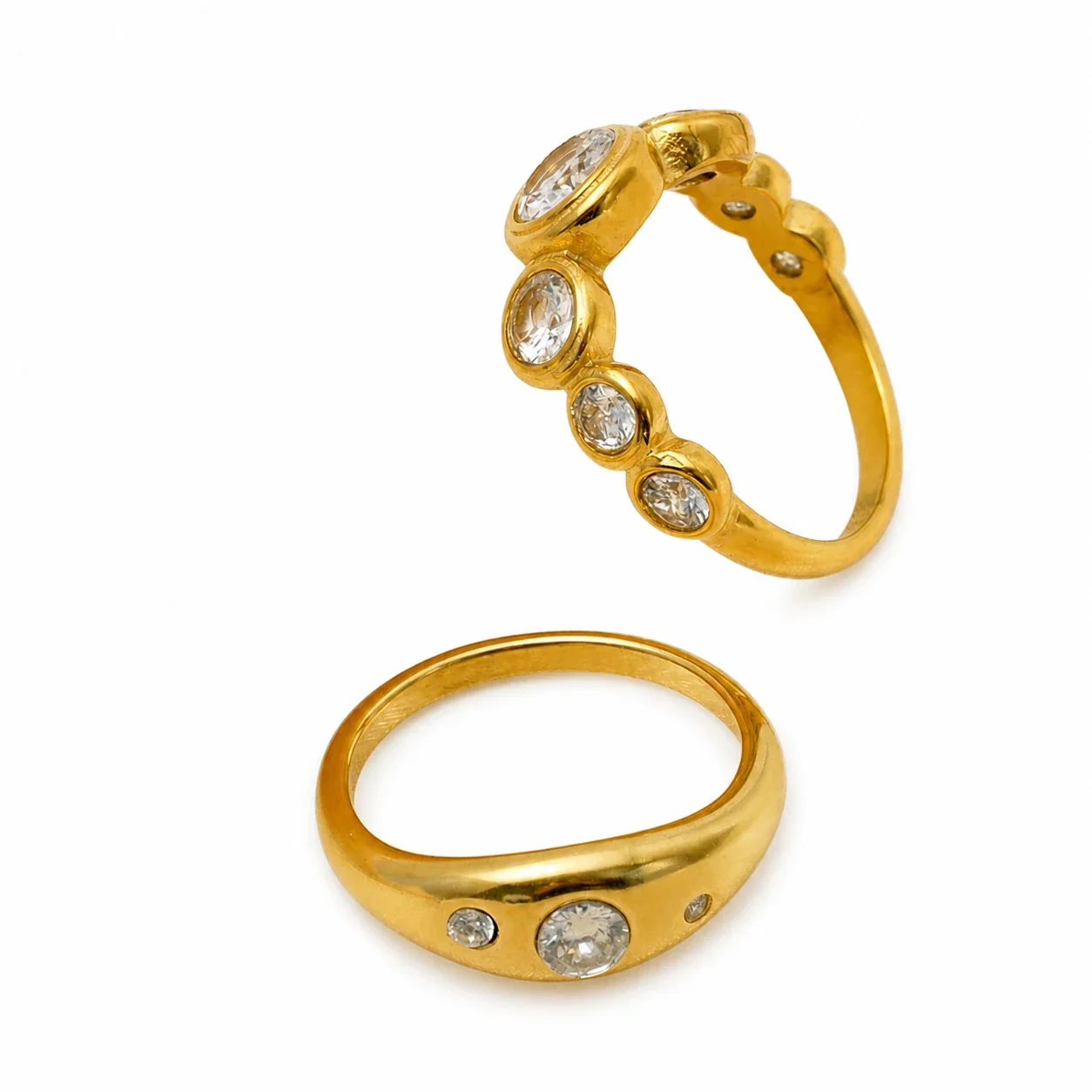 Sculptural 14K Gold-Plated Bezel CZ Dome Stainless Steel Ring