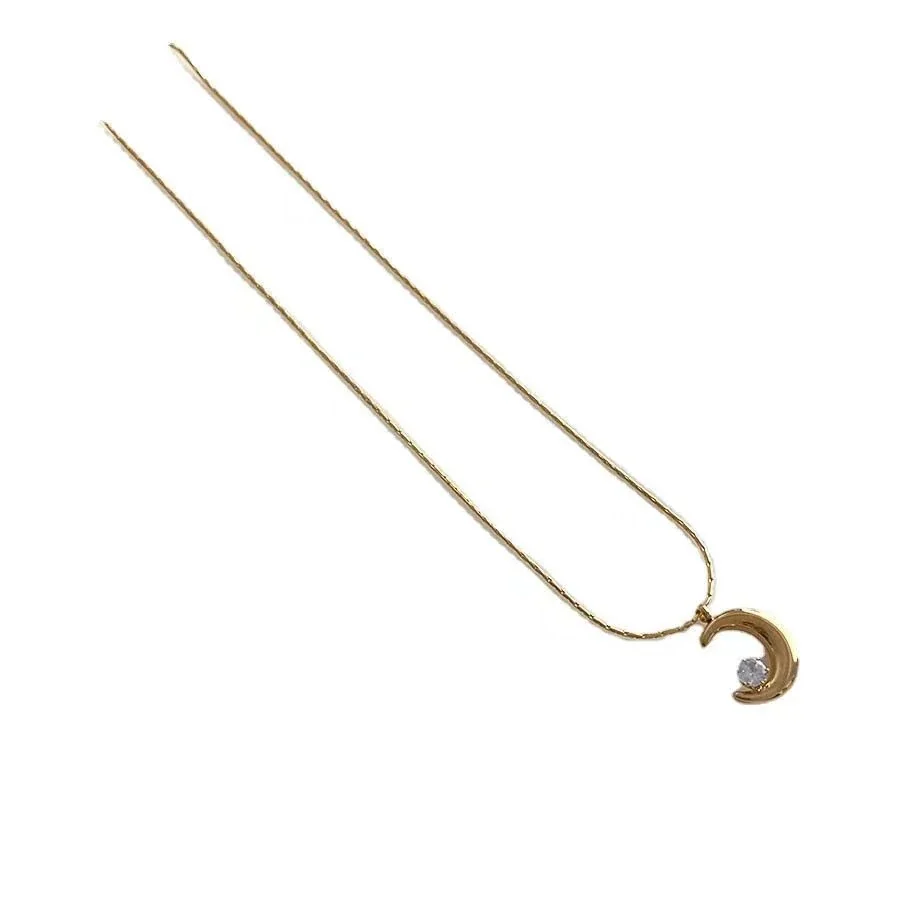 Moon Pendant Necklace with Round Crystal, Stainless Steel