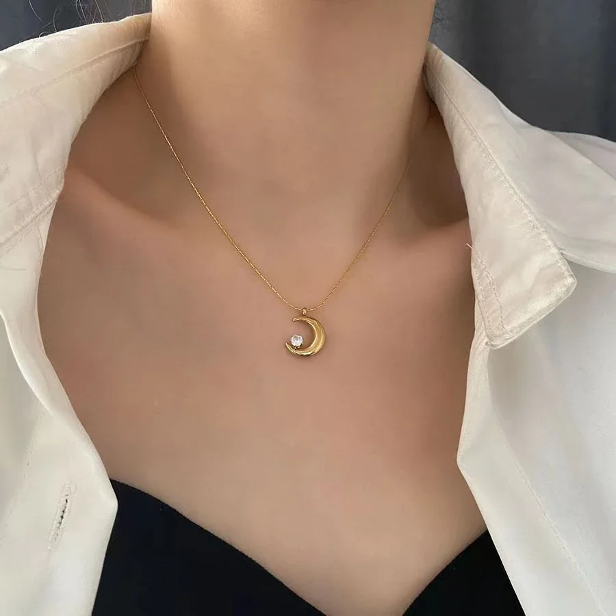 Moon Pendant Necklace with Round Crystal, Stainless Steel