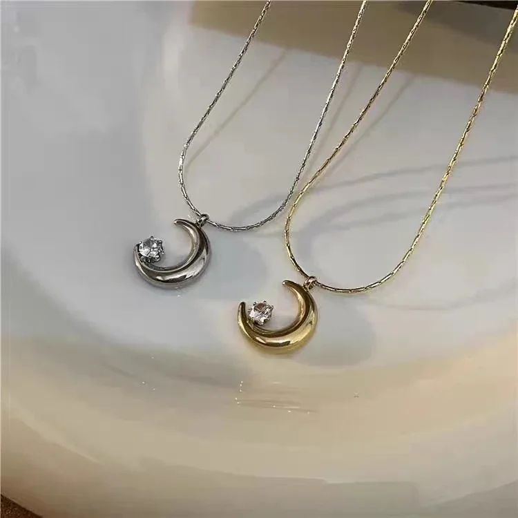 Moon Pendant Necklace with Round Crystal, Stainless Steel