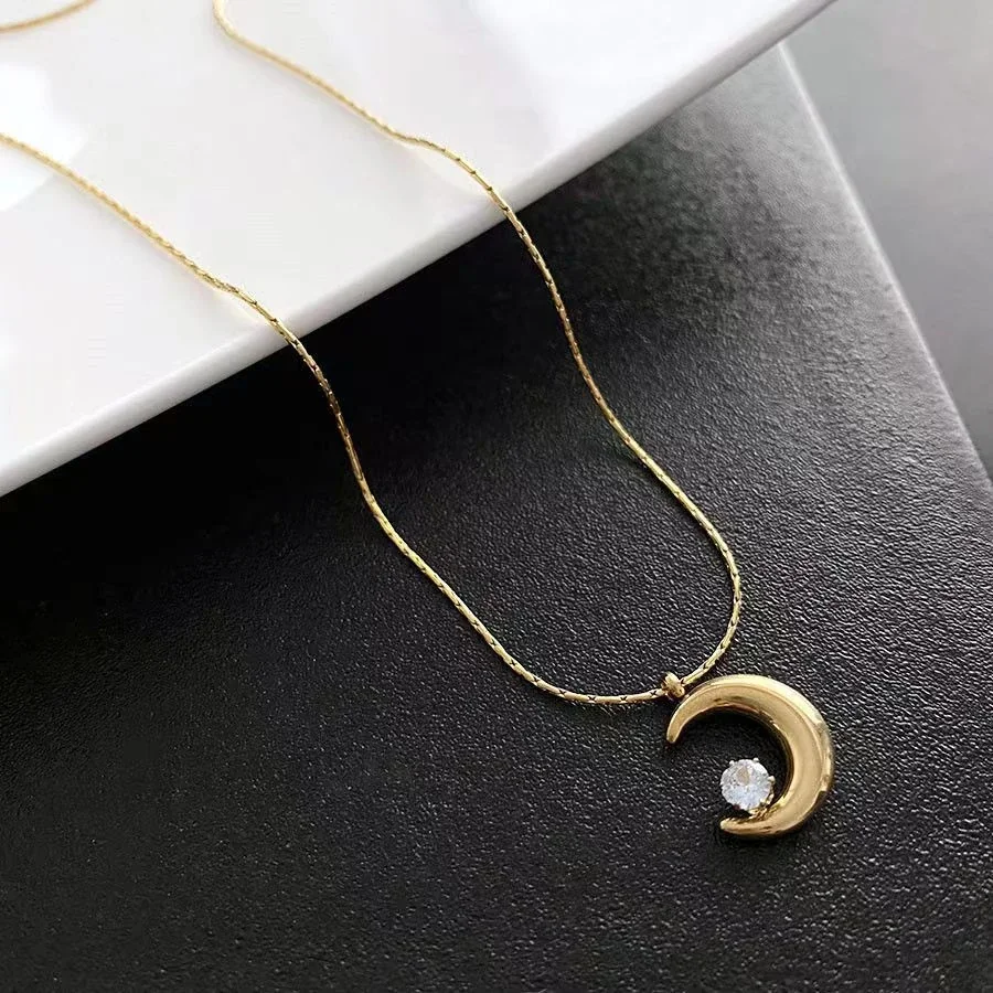 Moon Pendant Necklace with Round Crystal, Stainless Steel
