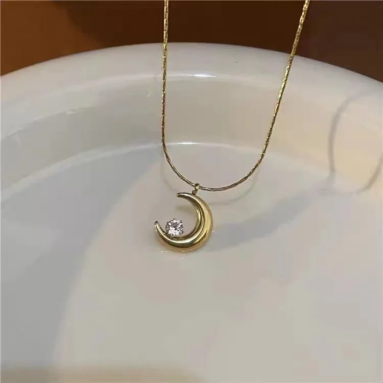 Moon Pendant Necklace with Round Crystal, Stainless Steel
