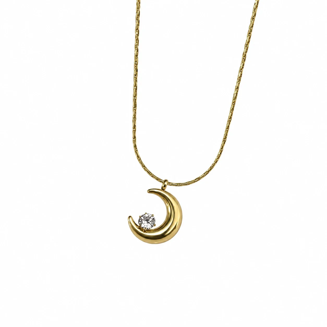 Moon Pendant Necklace with Round Crystal, Stainless Steel - Gold