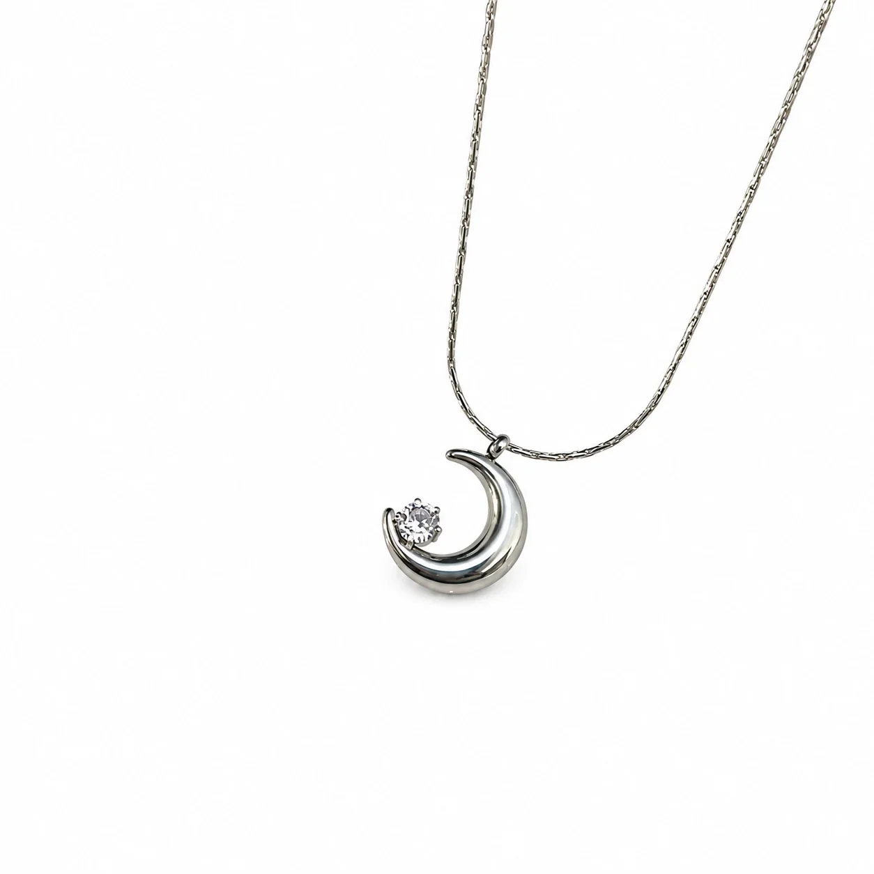 Moon Pendant Necklace with Round Crystal, Stainless Steel - Silver