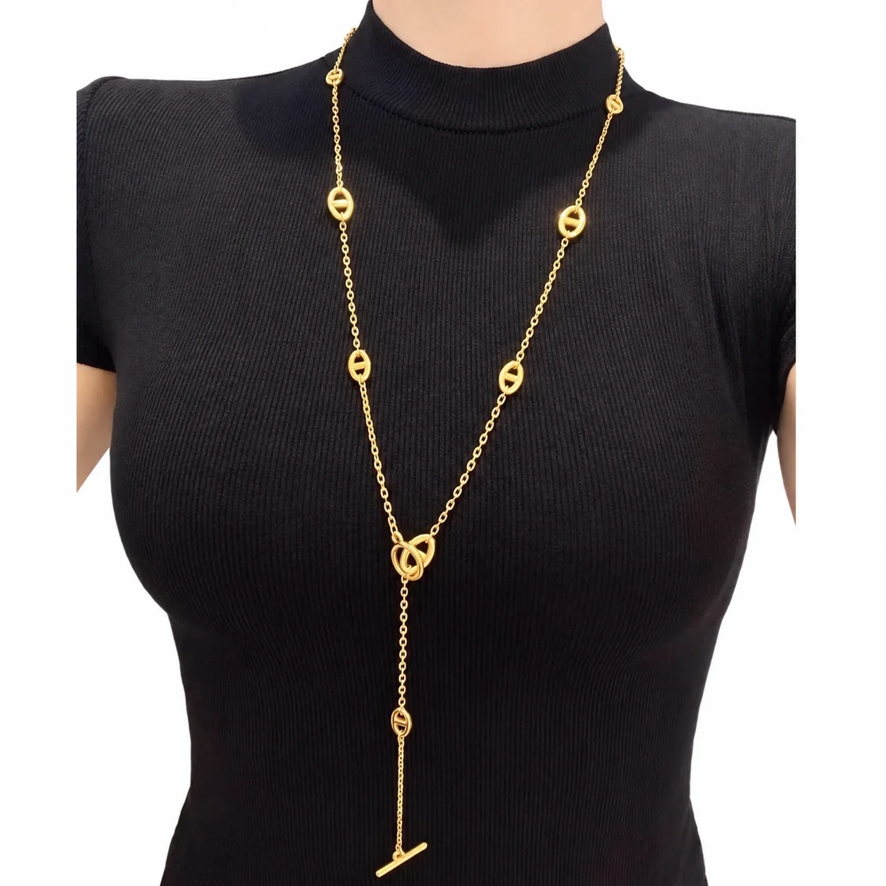 Schakelketting met ovale staafmotieven en togglesluiting, roestvrij staal productfoto