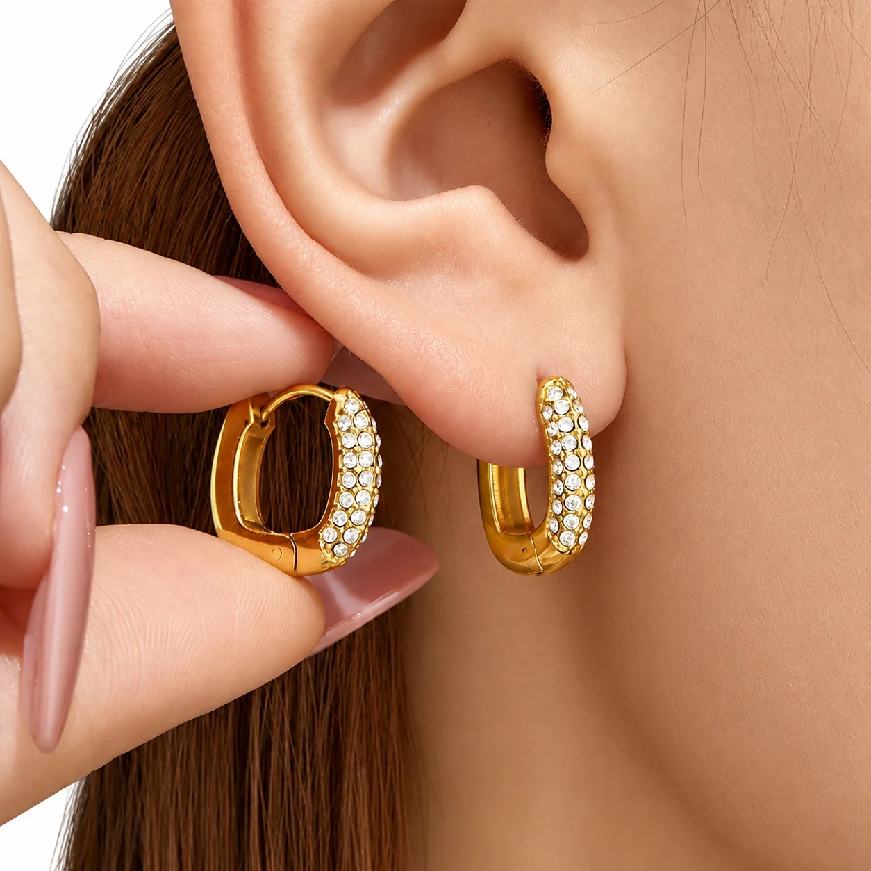Huggie Earrings Triple-Row Cubic Zirconia Gold PVD Stainless Steel