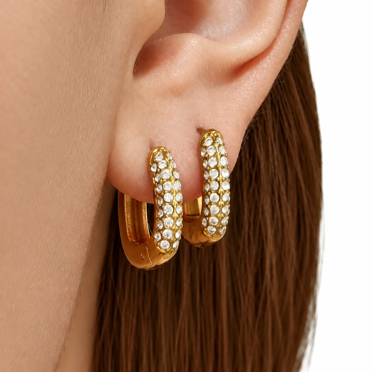 Huggie Earrings Triple-Row Cubic Zirconia Gold PVD Stainless Steel
