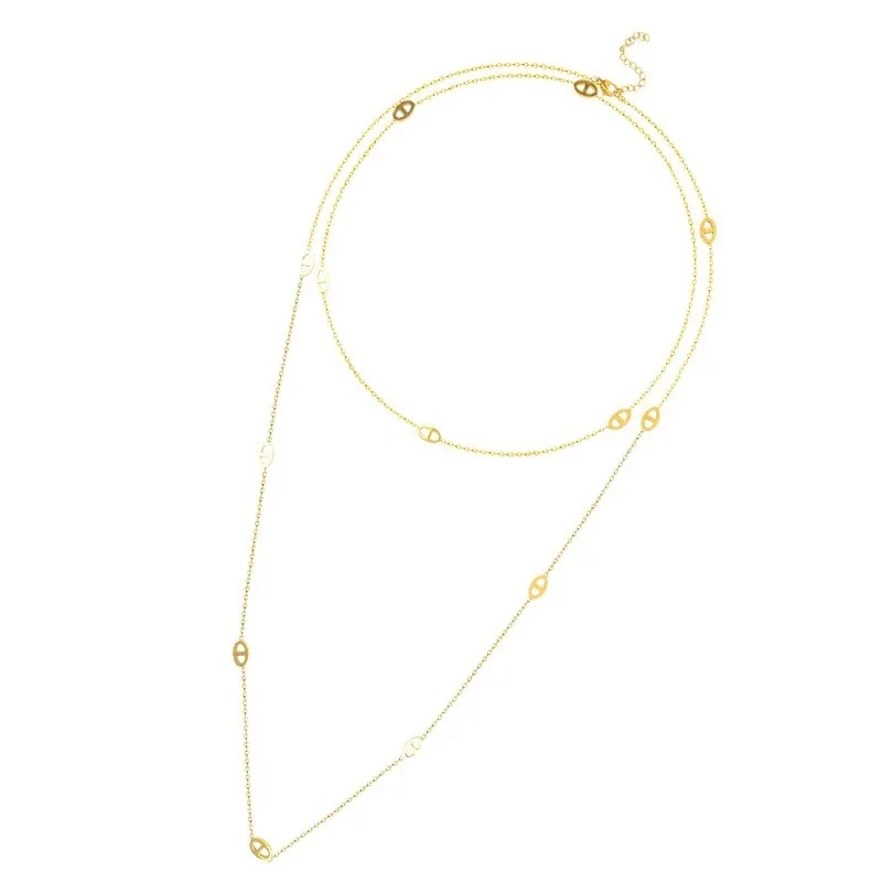Long Necklace with Oval Cutout Stations, Stainless Steel