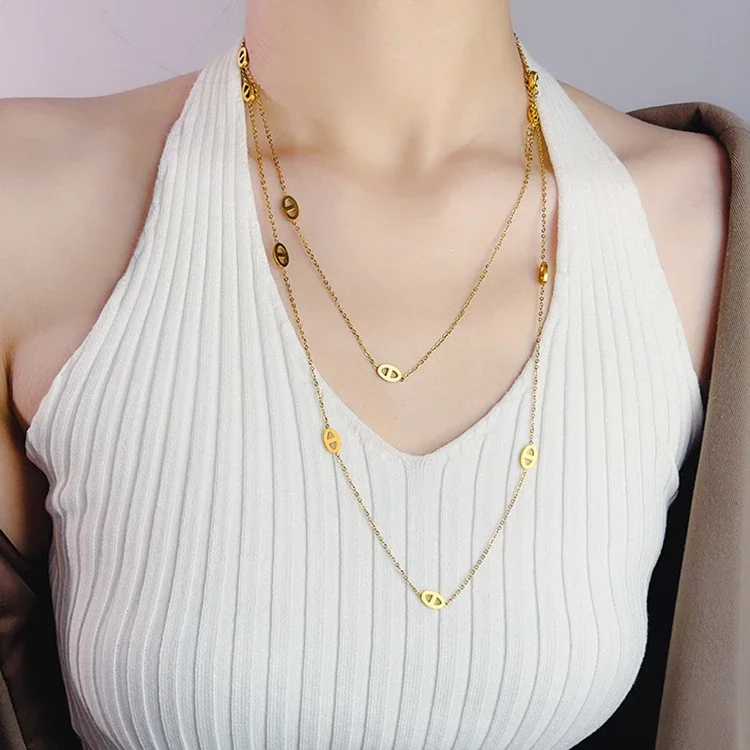Long Necklace with Oval Cutout Stations, Stainless Steel