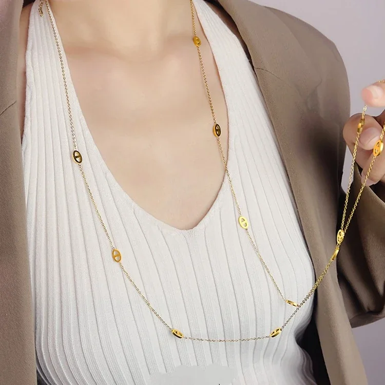 Long Necklace with Oval Cutout Stations, Stainless Steel