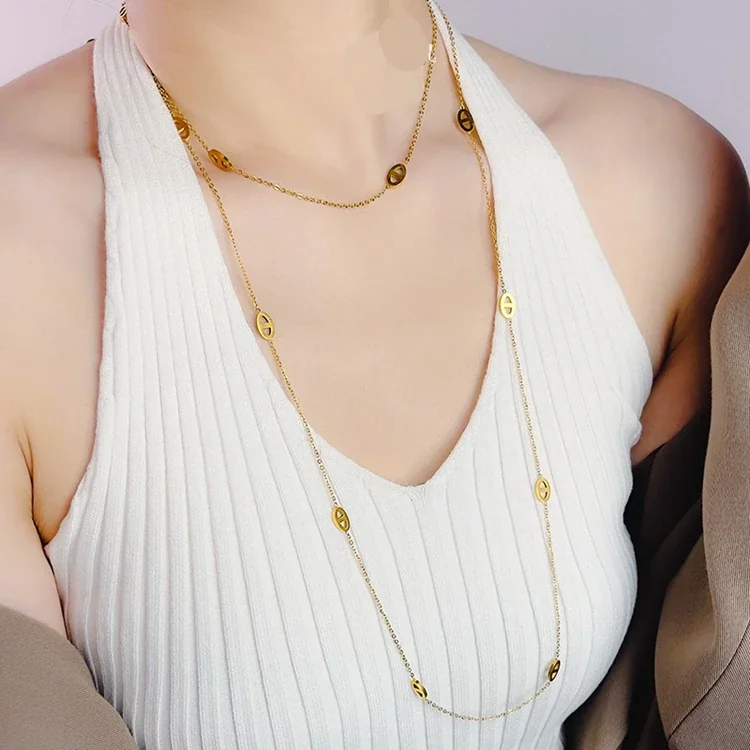 Long Necklace with Oval Cutout Stations, Stainless Steel