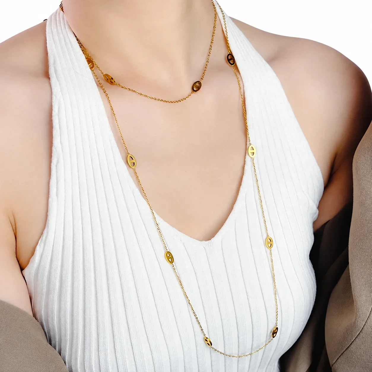 Long Necklace with Oval Cutout Stations, Stainless Steel - Gold