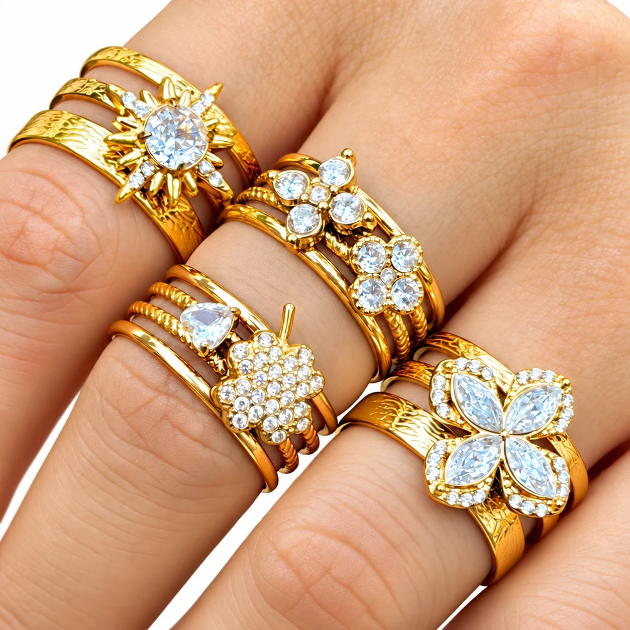 Open ringen met CZ-motieven en getextureerde banden, roestvrij staal productfoto