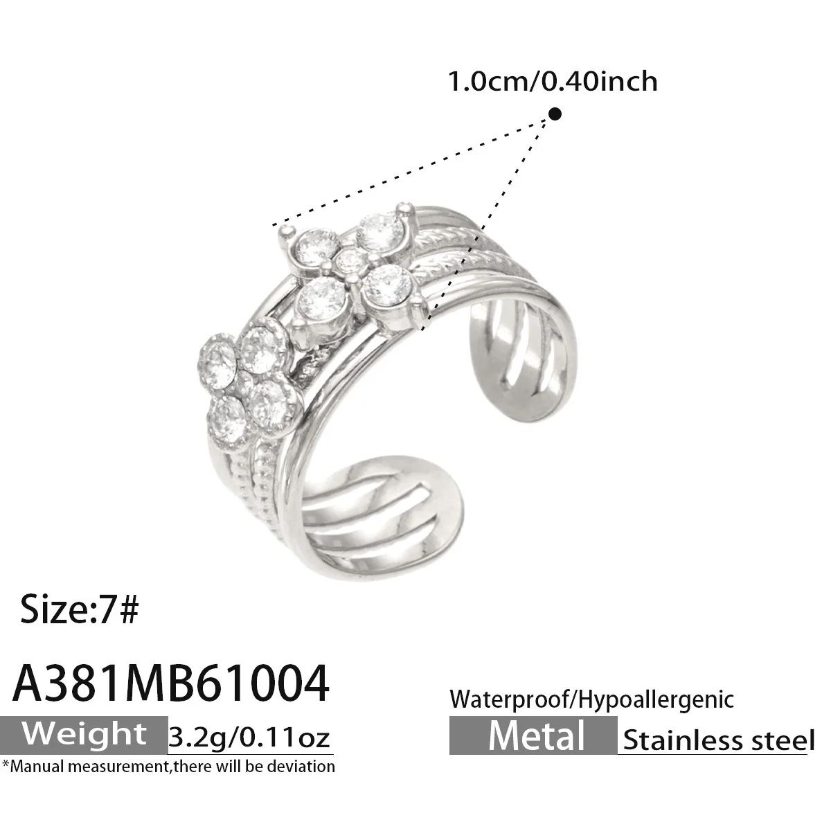 Open ringen met CZ-motieven en getextureerde banden, roestvrij staal productfoto