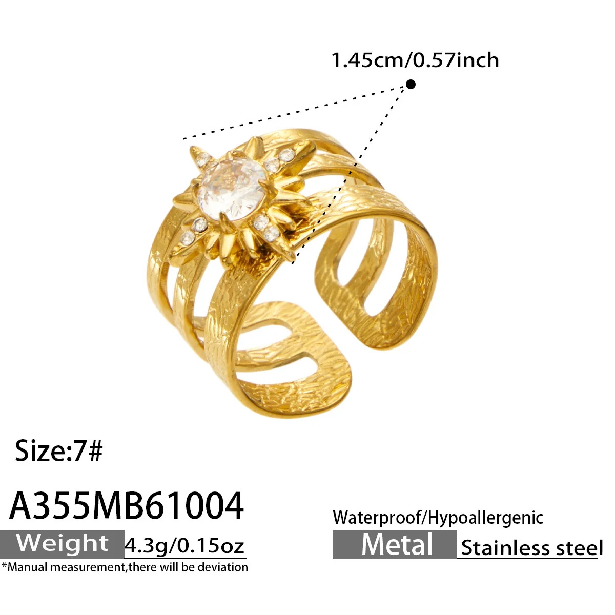 Open ringen met CZ-motieven en getextureerde banden, roestvrij staal productfoto