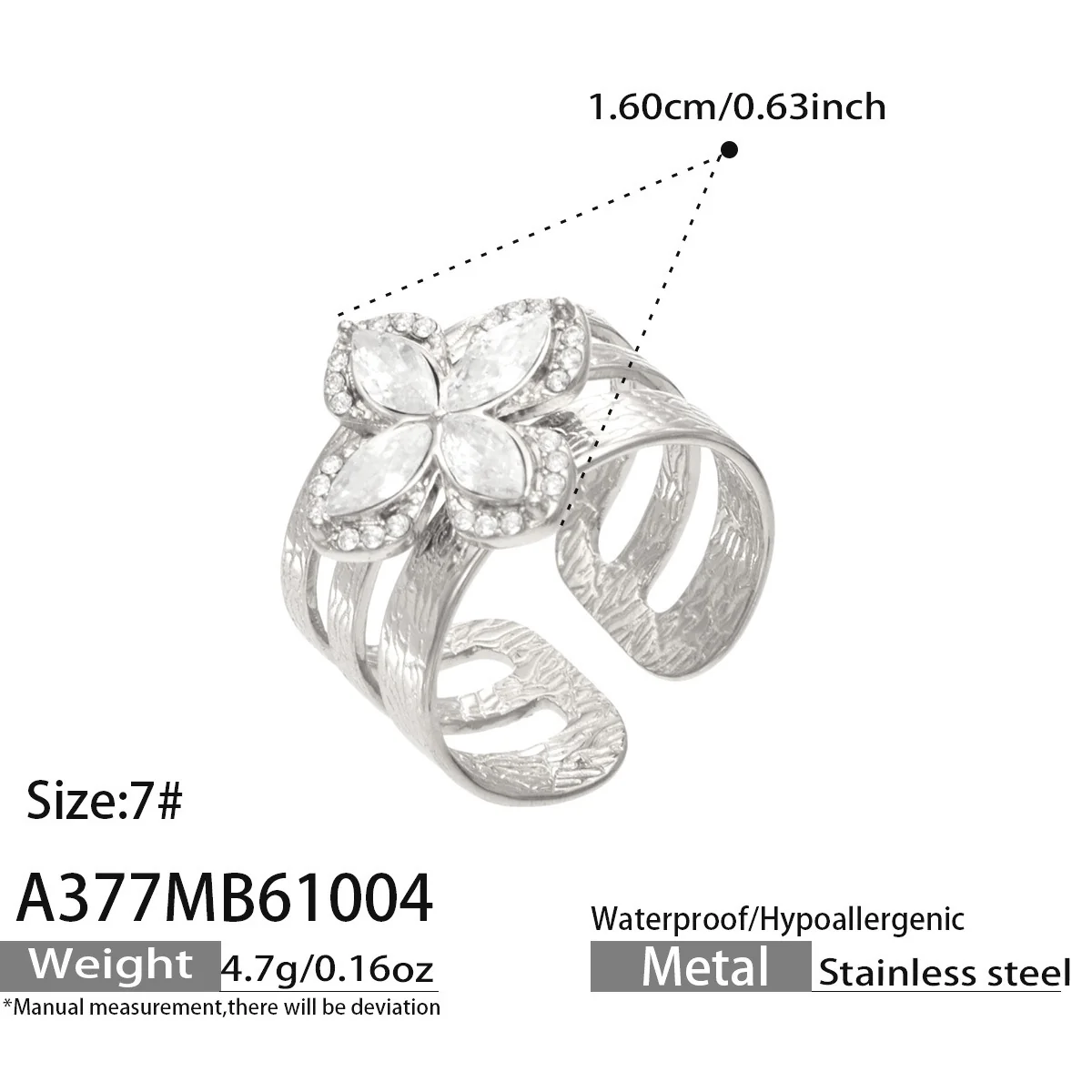 Open ringen met CZ-motieven en getextureerde banden, roestvrij staal productfoto