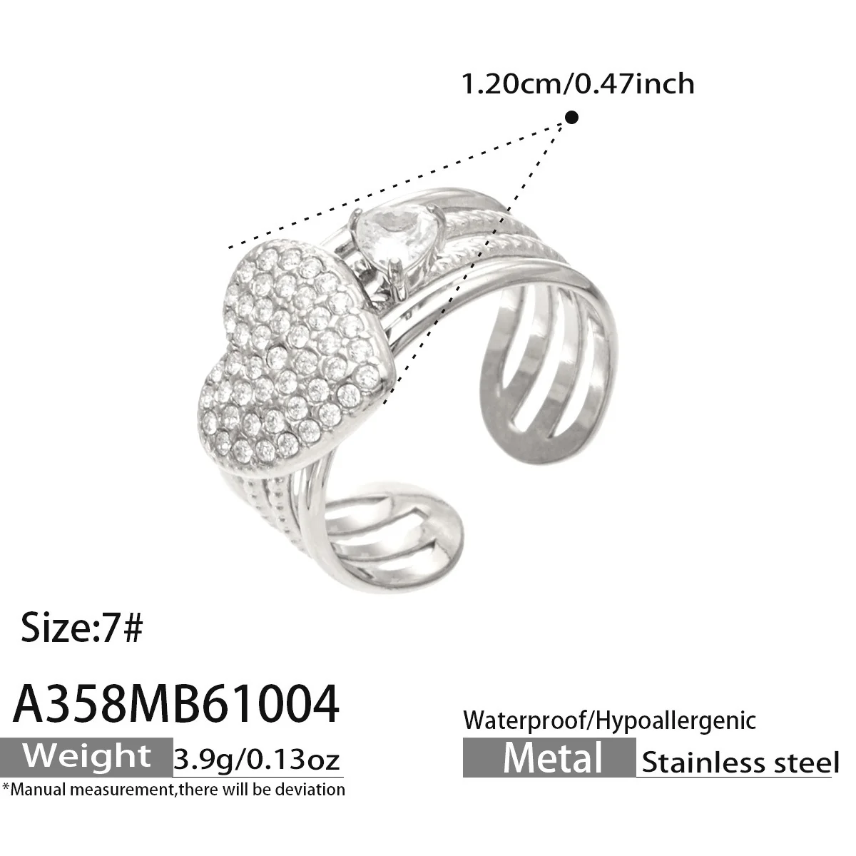 Open ringen met CZ-motieven en getextureerde banden, roestvrij staal productfoto