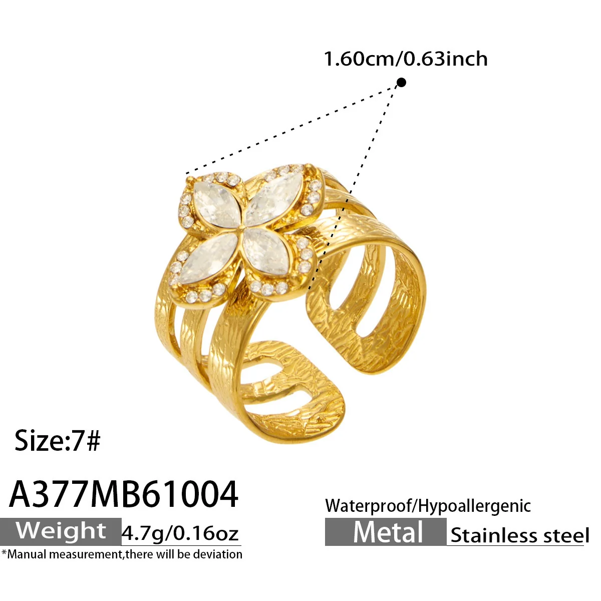 Open ringen met CZ-motieven en getextureerde banden, roestvrij staal productfoto