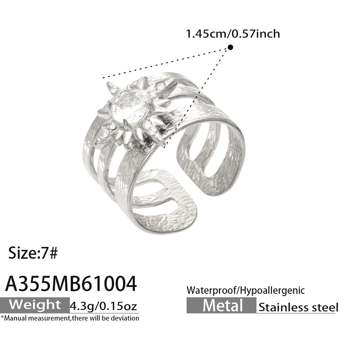 Open ringen met CZ-motieven en getextureerde banden, roestvrij staal productfoto