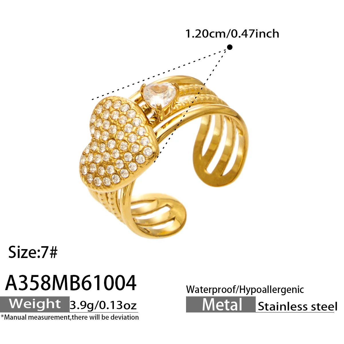 Open ringen met CZ-motieven en getextureerde banden, roestvrij staal productfoto