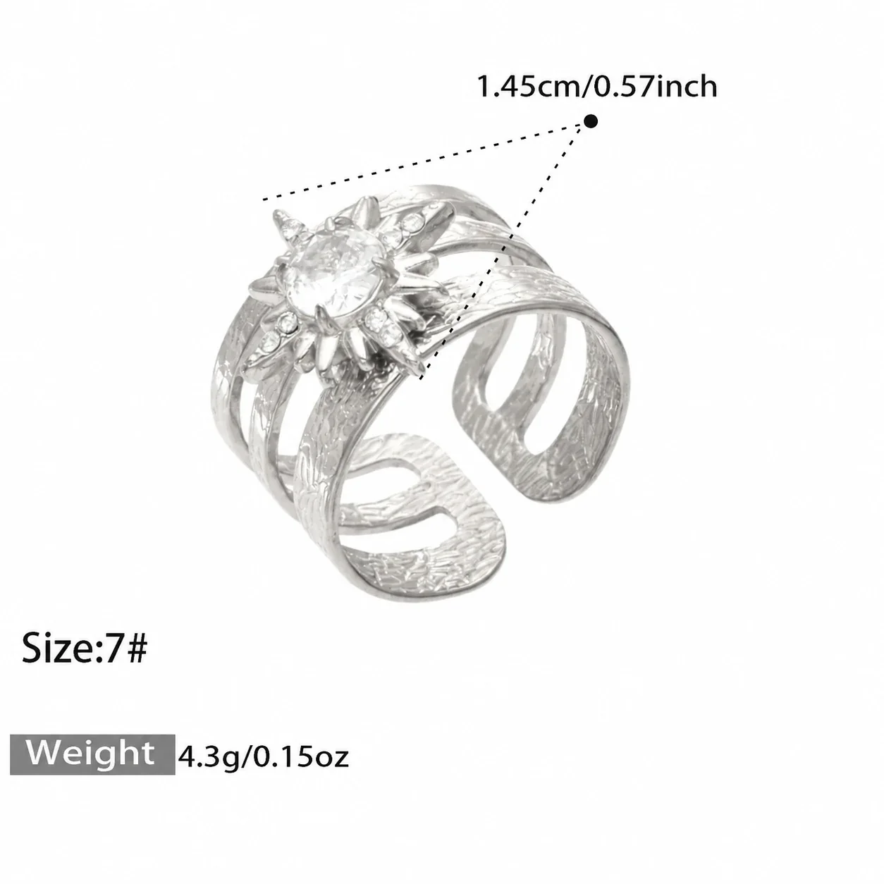 Open ringen met CZ-motieven en getextureerde banden, roestvrij staal productfoto