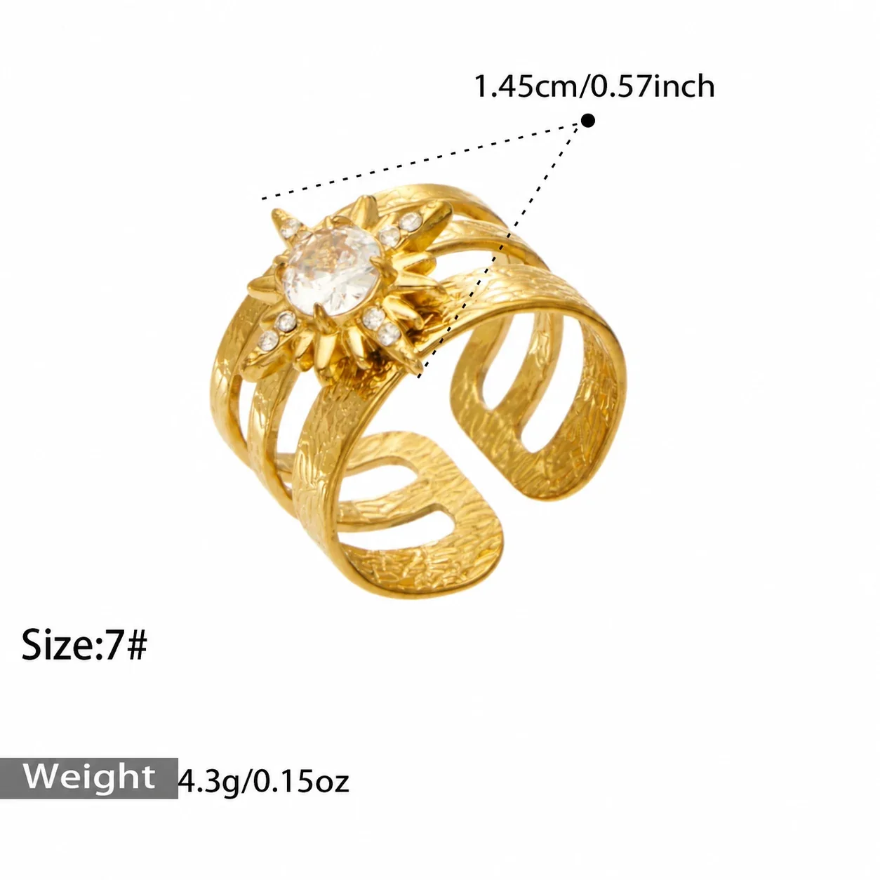 Open ringen met CZ-motieven en getextureerde banden, roestvrij staal productfoto