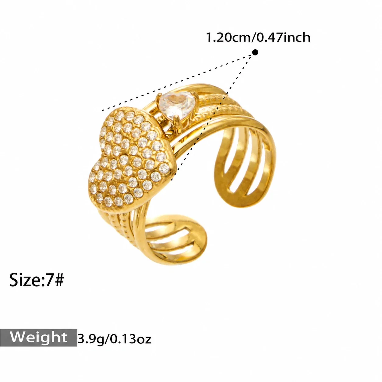 Open ringen met CZ-motieven en getextureerde banden, roestvrij staal productfoto
