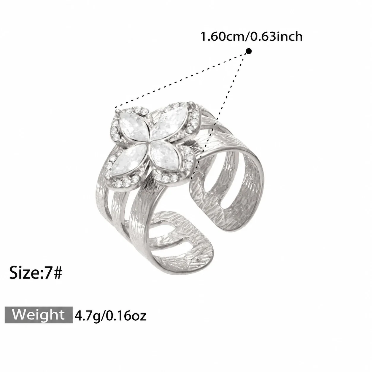 Open ringen met CZ-motieven en getextureerde banden, roestvrij staal productfoto