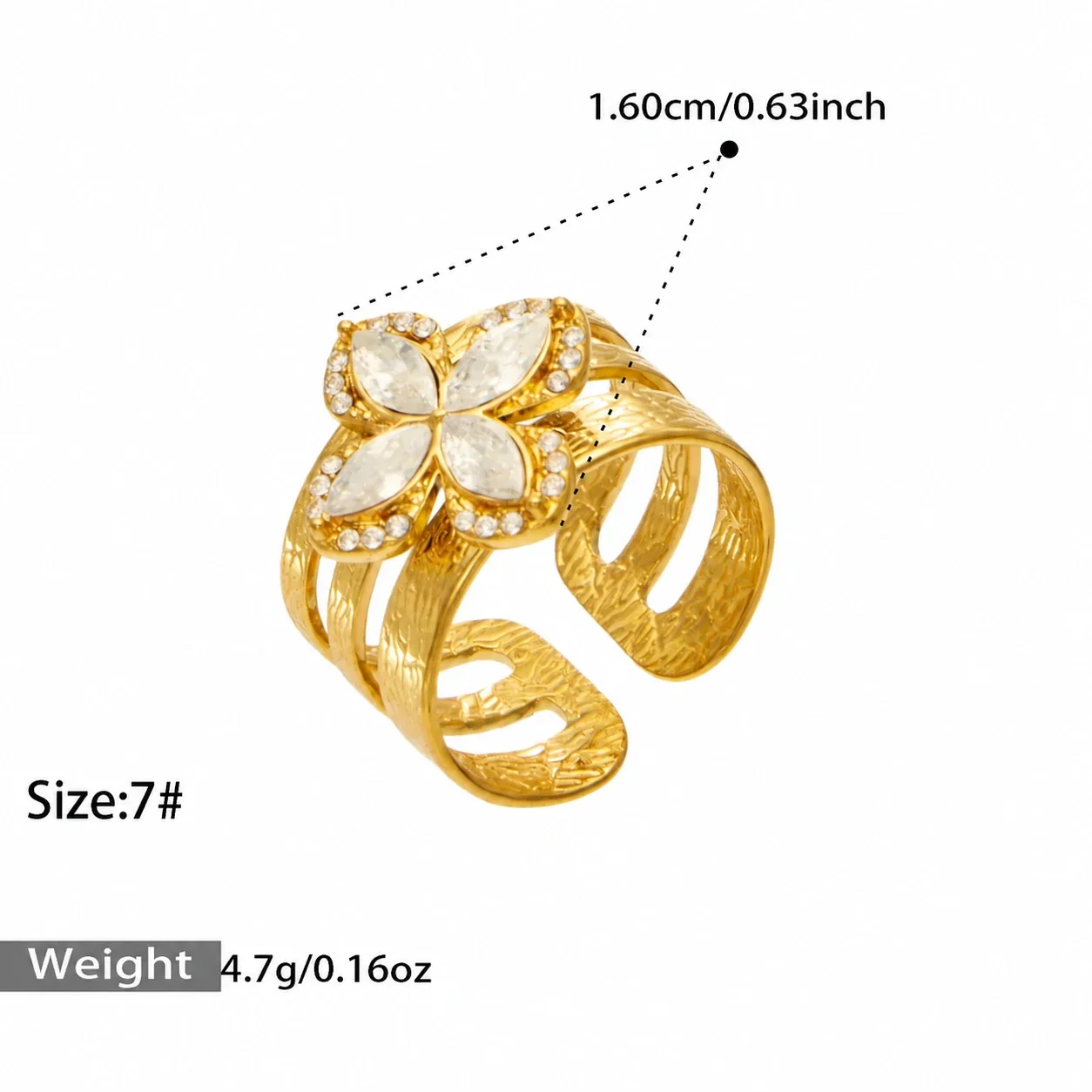 Open ringen met CZ-motieven en getextureerde banden, roestvrij staal productfoto