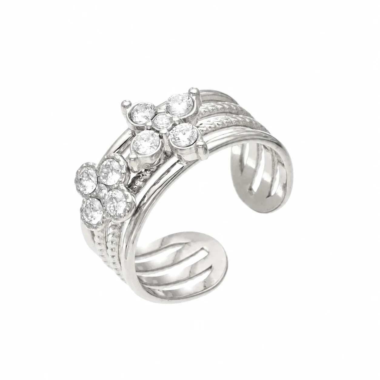 Open ringen met CZ-motieven en getextureerde banden, roestvrij staal productfoto