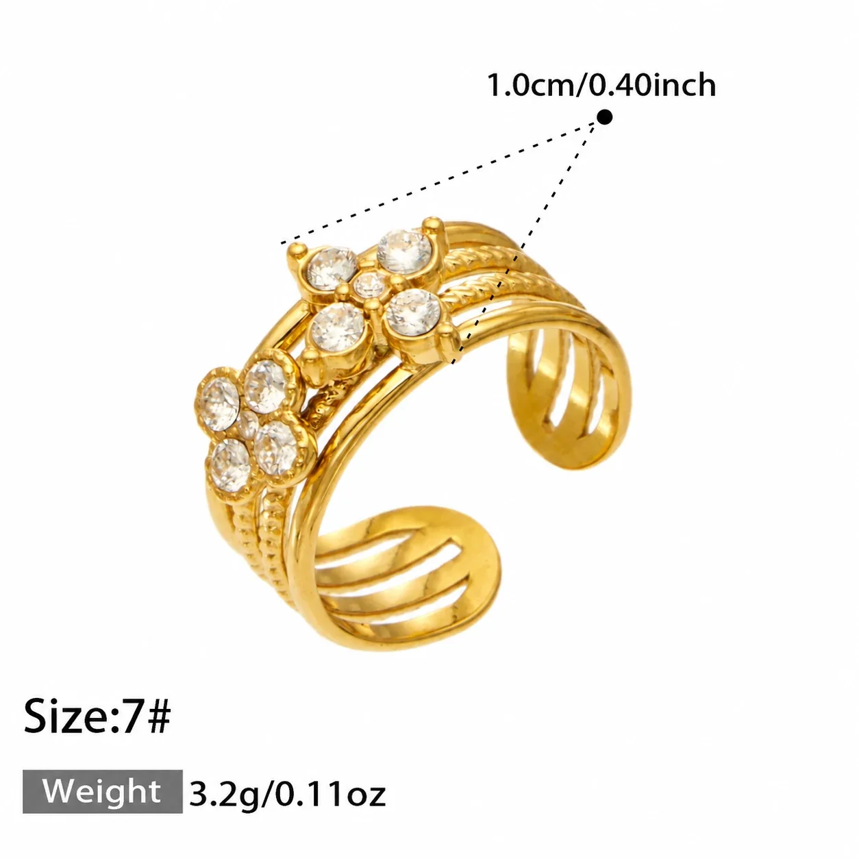 Open ringen met CZ-motieven en getextureerde banden, roestvrij staal productfoto
