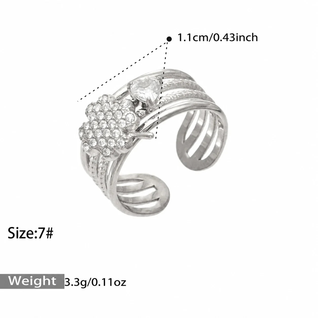 Open ringen met CZ-motieven en getextureerde banden, roestvrij staal productfoto