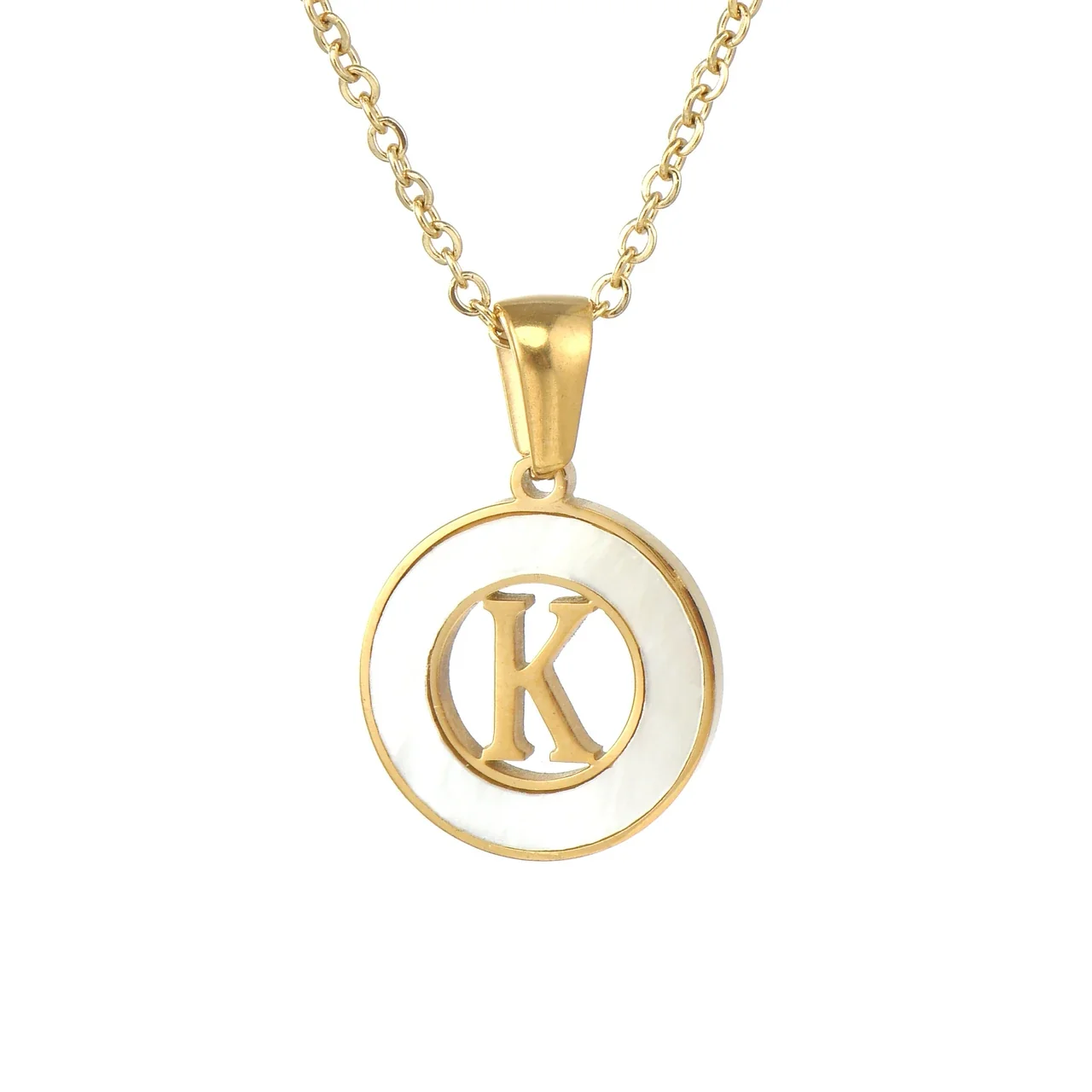 Polished Gold-Plated White Inlay Initial Pendant Necklace - K