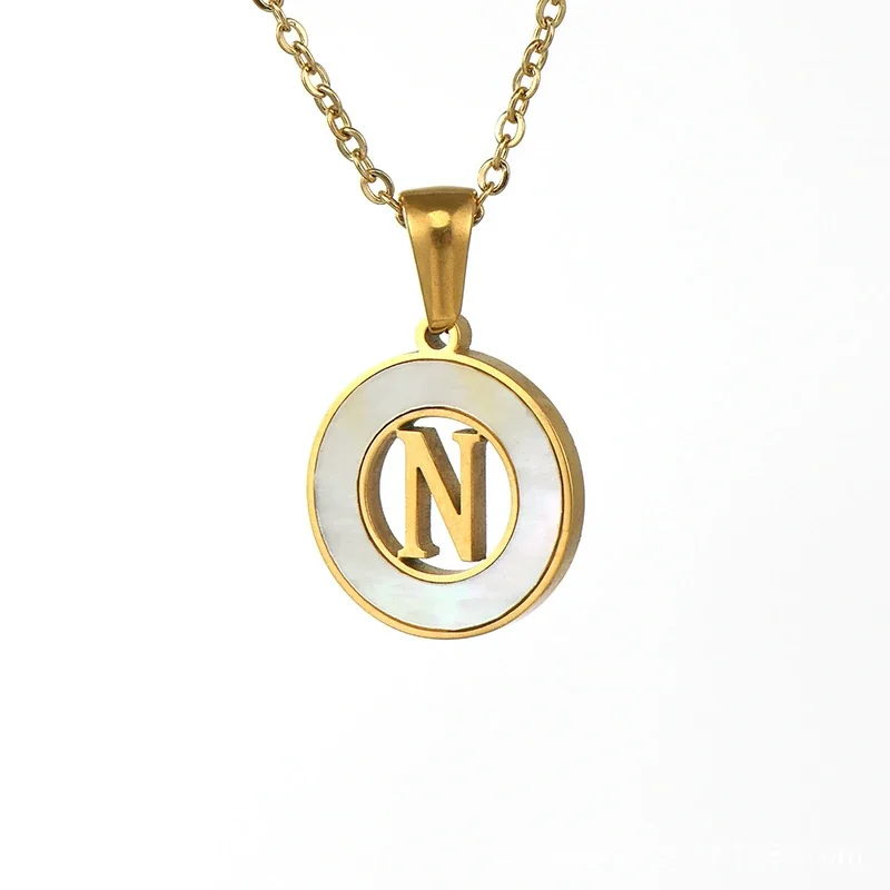 Polished Gold-Plated White Inlay Initial Pendant Necklace - N