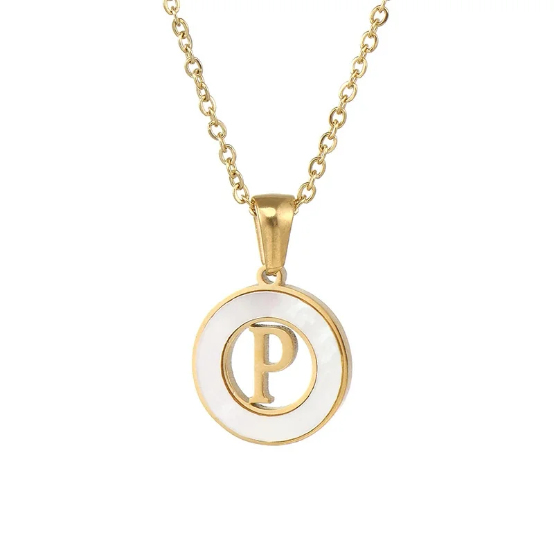 Polished Gold-Plated White Inlay Initial Pendant Necklace - P