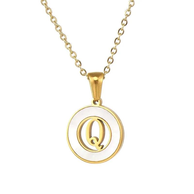 Polished Gold-Plated White Inlay Initial Pendant Necklace - Q