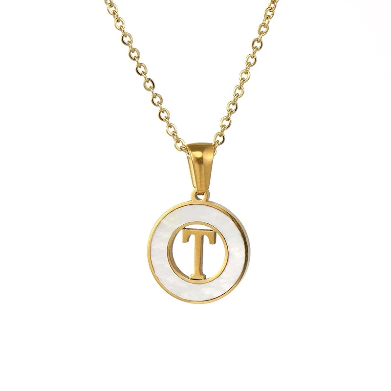 Polished Gold-Plated White Inlay Initial Pendant Necklace - T