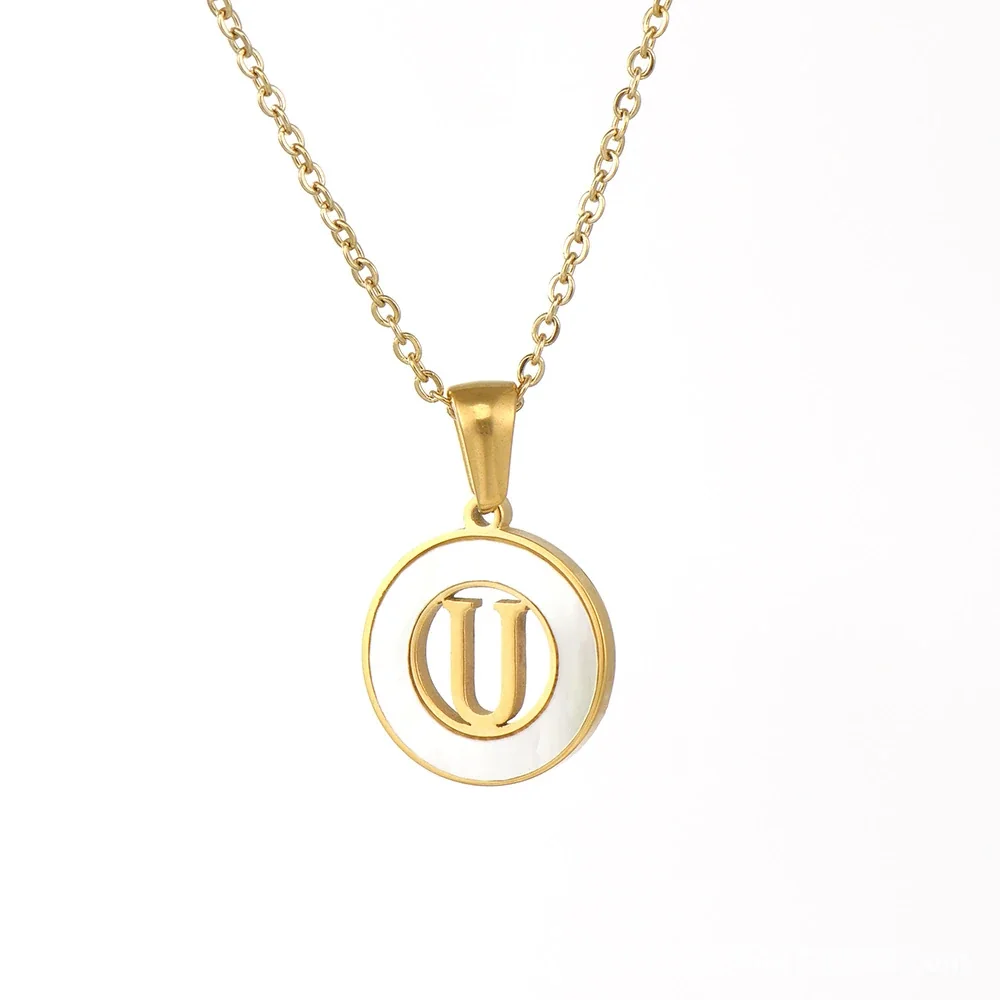 Polished Gold-Plated White Inlay Initial Pendant Necklace - U